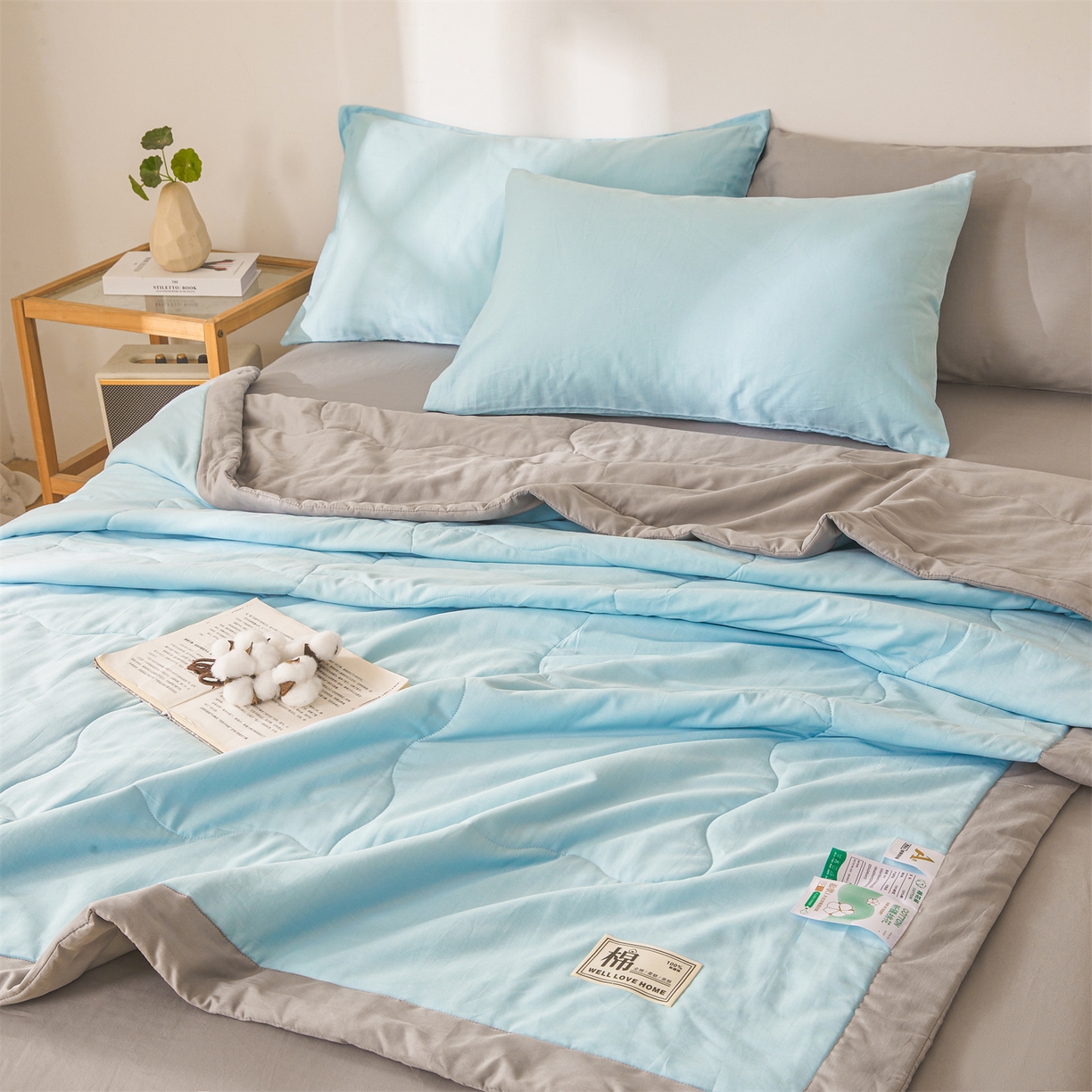 91家纺网 家纺一手货源 找家纺 晓时候 2026新款纯色100%里外全棉新疆棉花被纯棉夏凉被空调被夏被四件套被子被芯 里外全棉-天空蓝拼灰