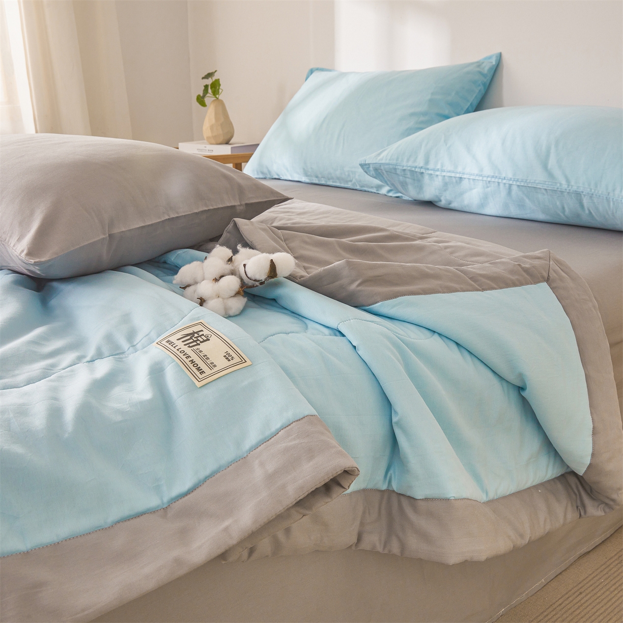 91家纺网 家纺一手货源 找家纺 晓时候 2026新款纯色100%里外全棉新疆棉花被纯棉夏凉被空调被夏被四件套被子被芯 里外全棉-天空蓝拼灰