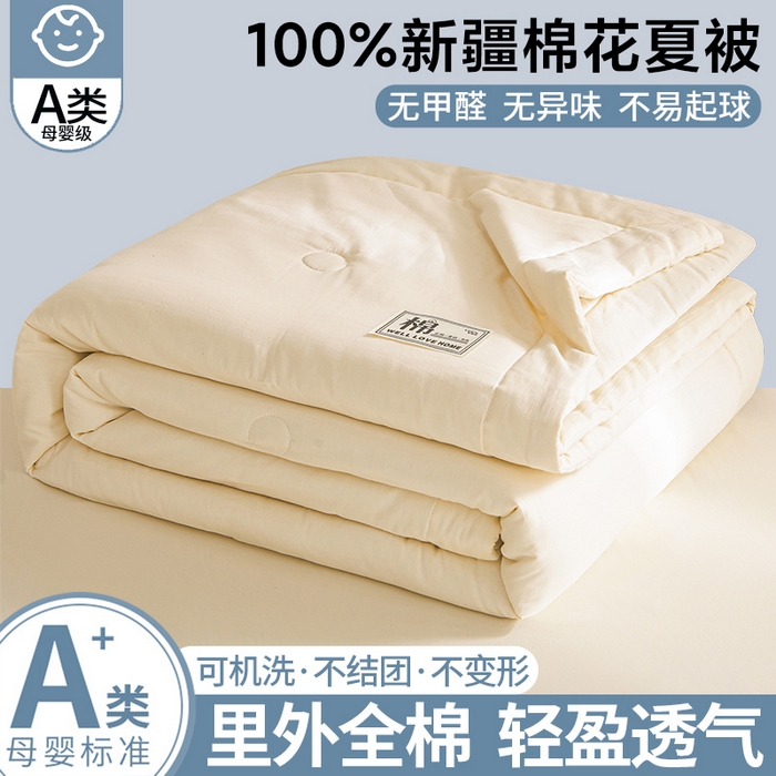 晓时候 2026新款纯色100%里外全棉新疆棉花被纯棉夏凉被空调被夏被四件套被子被芯 里外全棉-月光白