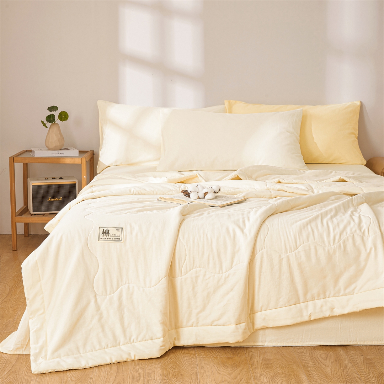 91家纺网 家纺一手货源 找家纺 晓时候 2026新款纯色100%里外全棉新疆棉花被纯棉夏凉被空调被夏被四件套被子被芯 里外全棉-月光白