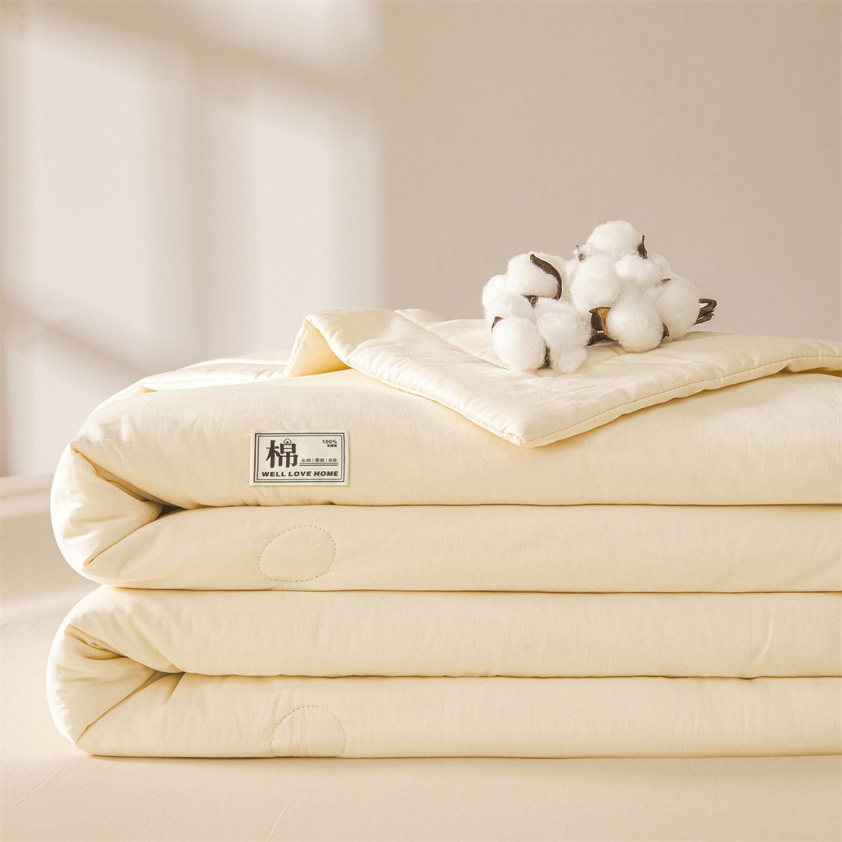 91家纺网 家纺一手货源 找家纺 晓时候 2026新款纯色100%里外全棉新疆棉花被纯棉夏凉被空调被夏被四件套被子被芯 里外全棉-月光白