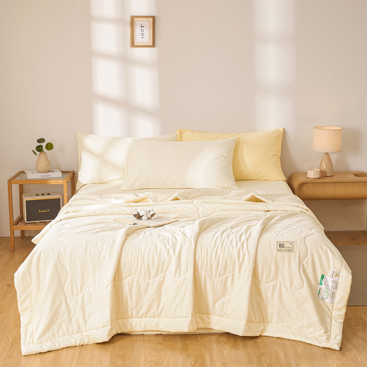 91家纺网 家纺一手货源 找家纺 晓时候 2026新款纯色100%里外全棉新疆棉花被纯棉夏凉被空调被夏被四件套被子被芯 里外全棉-月光白