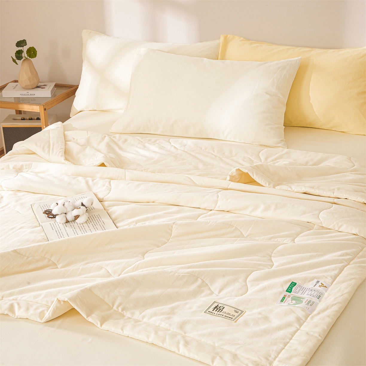 91家纺网 家纺一手货源 找家纺 晓时候 2026新款纯色100%里外全棉新疆棉花被纯棉夏凉被空调被夏被四件套被子被芯 里外全棉-月光白