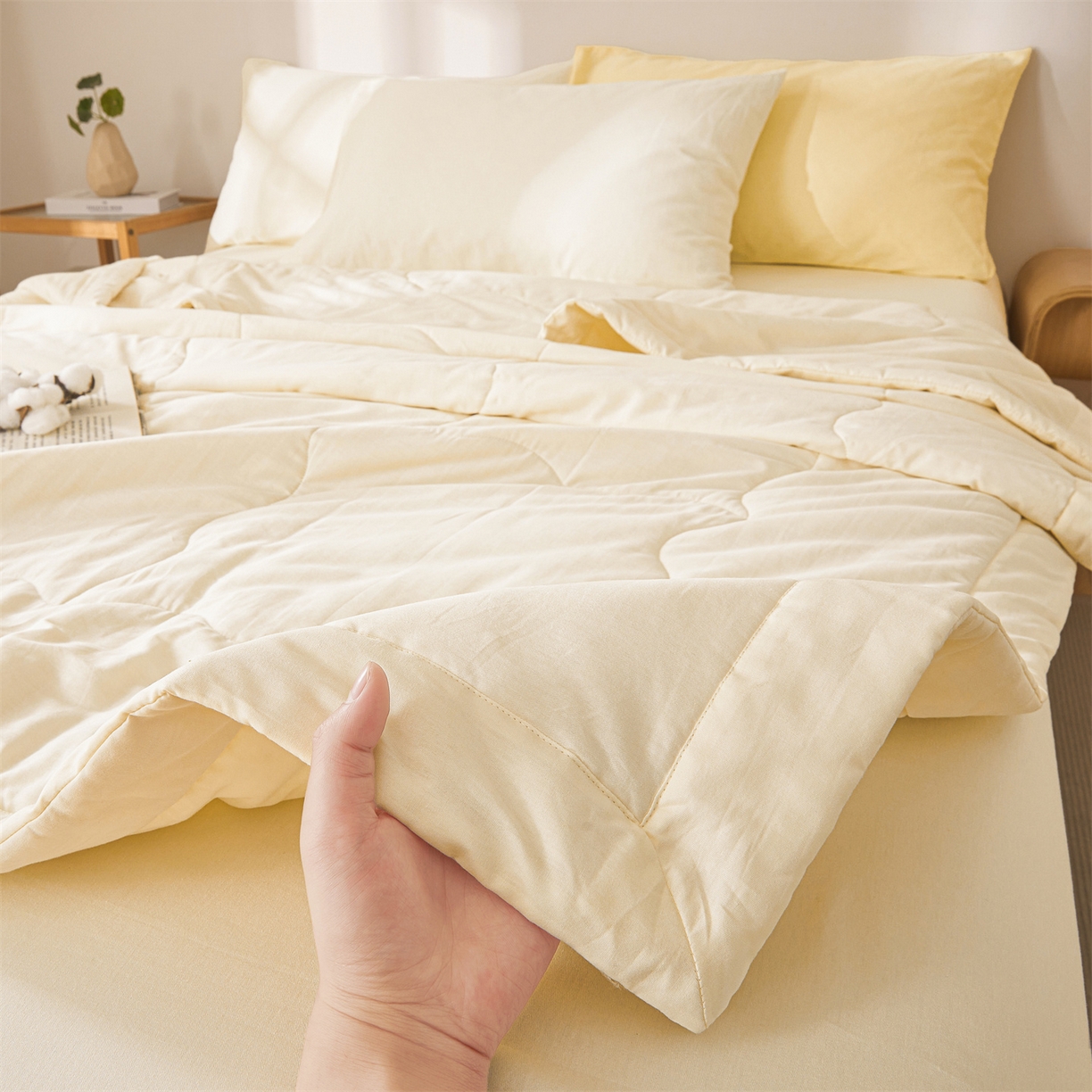 91家纺网 家纺一手货源 找家纺 晓时候 2026新款纯色100%里外全棉新疆棉花被纯棉夏凉被空调被夏被四件套被子被芯 里外全棉-月光白