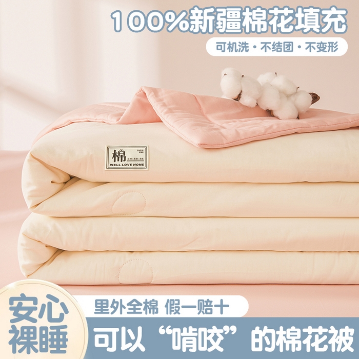 91家纺网 家纺一手货源 找家纺 晓时候 2026新款纯色100%里外全棉新疆棉花被纯棉夏凉被空调被夏被四件套被子被芯 里外全棉-月光白拼粉