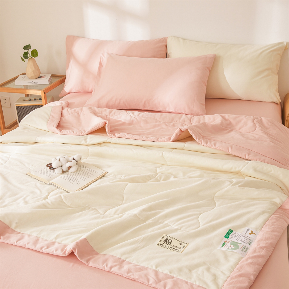 91家纺网 家纺一手货源 找家纺 晓时候 2026新款纯色100%里外全棉新疆棉花被纯棉夏凉被空调被夏被四件套被子被芯 里外全棉-月光白拼粉