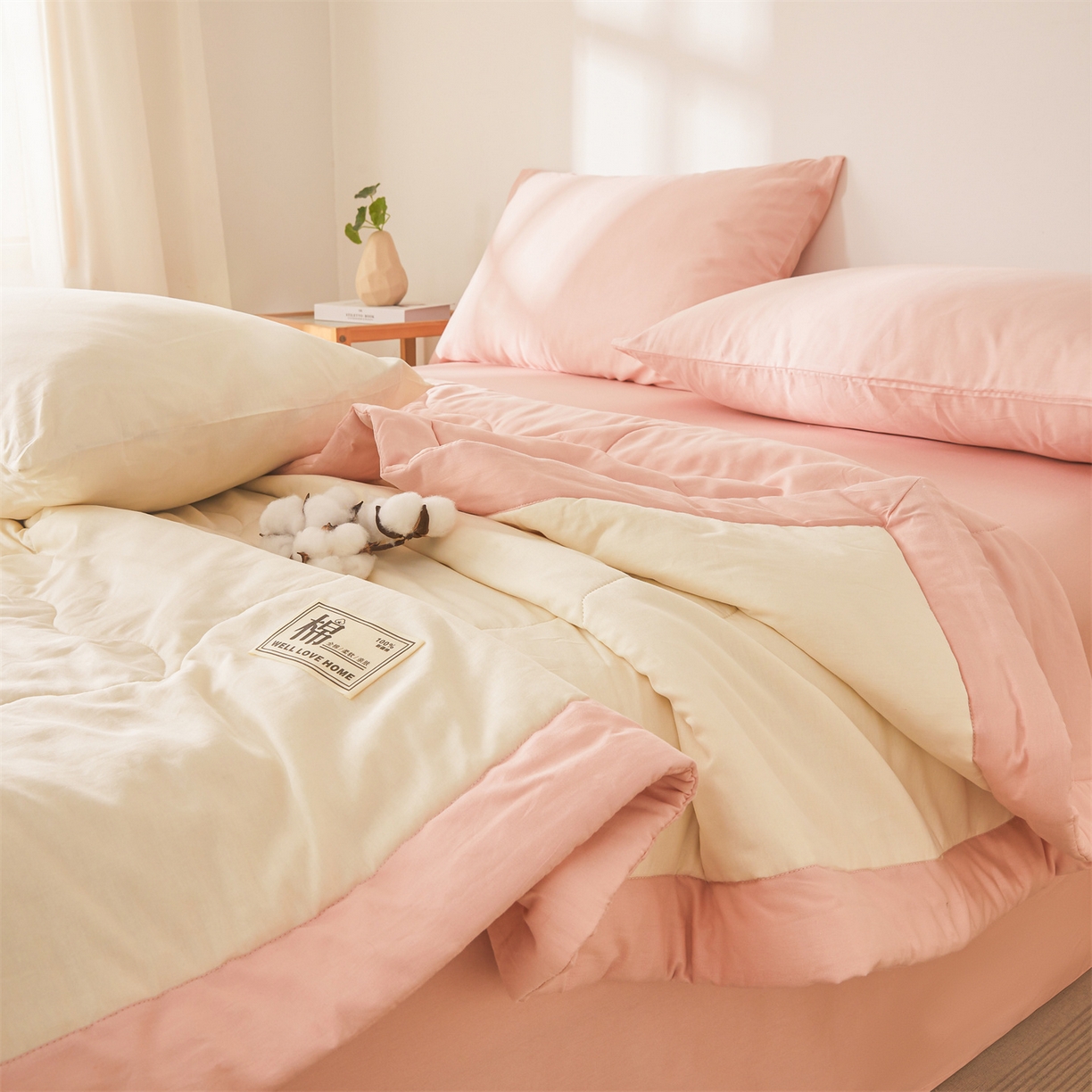 91家纺网 家纺一手货源 找家纺 晓时候 2026新款纯色100%里外全棉新疆棉花被纯棉夏凉被空调被夏被四件套被子被芯 里外全棉-月光白拼粉