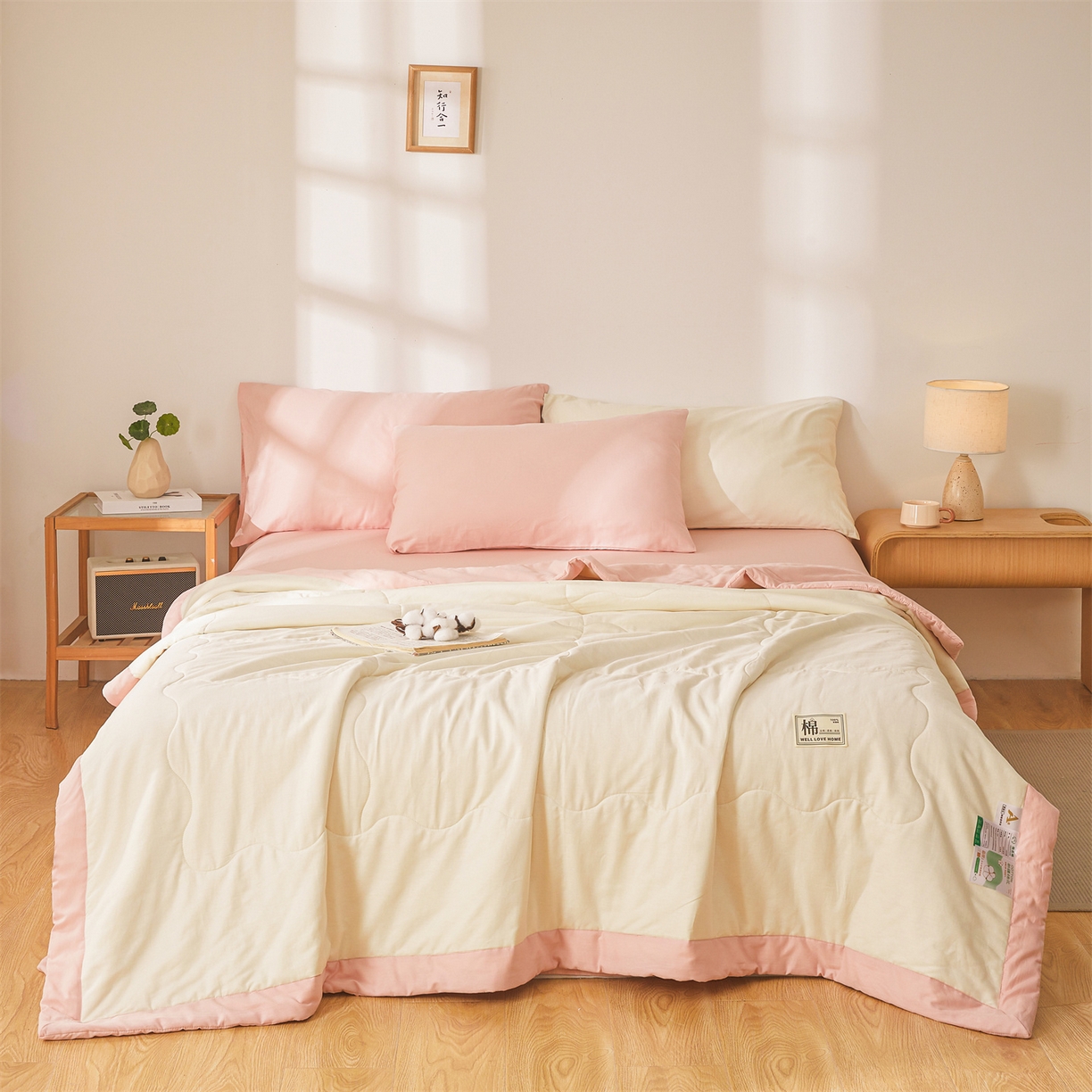91家纺网 家纺一手货源 找家纺 晓时候 2026新款纯色100%里外全棉新疆棉花被纯棉夏凉被空调被夏被四件套被子被芯 里外全棉-月光白拼粉
