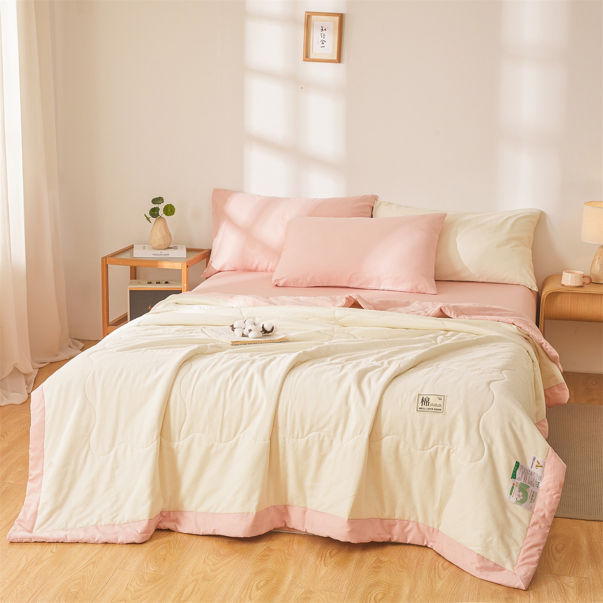 91家纺网 家纺一手货源 找家纺 晓时候 2026新款纯色100%里外全棉新疆棉花被纯棉夏凉被空调被夏被四件套被子被芯 里外全棉-月光白拼粉