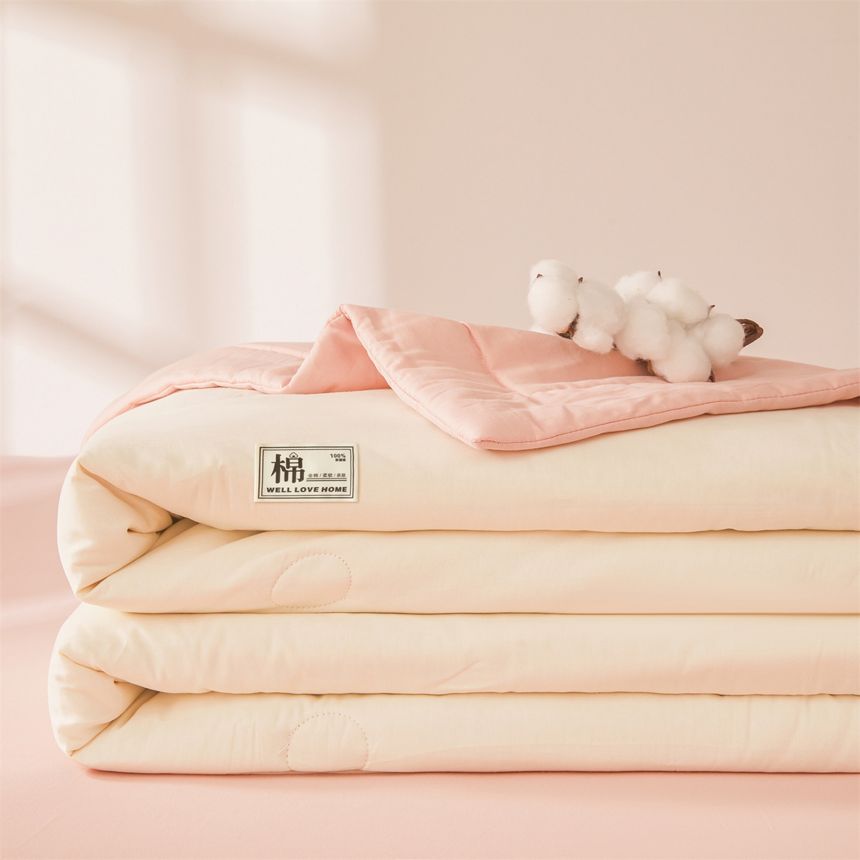 91家纺网 家纺一手货源 找家纺 晓时候 2026新款纯色100%里外全棉新疆棉花被纯棉夏凉被空调被夏被四件套被子被芯 里外全棉-月光白拼粉