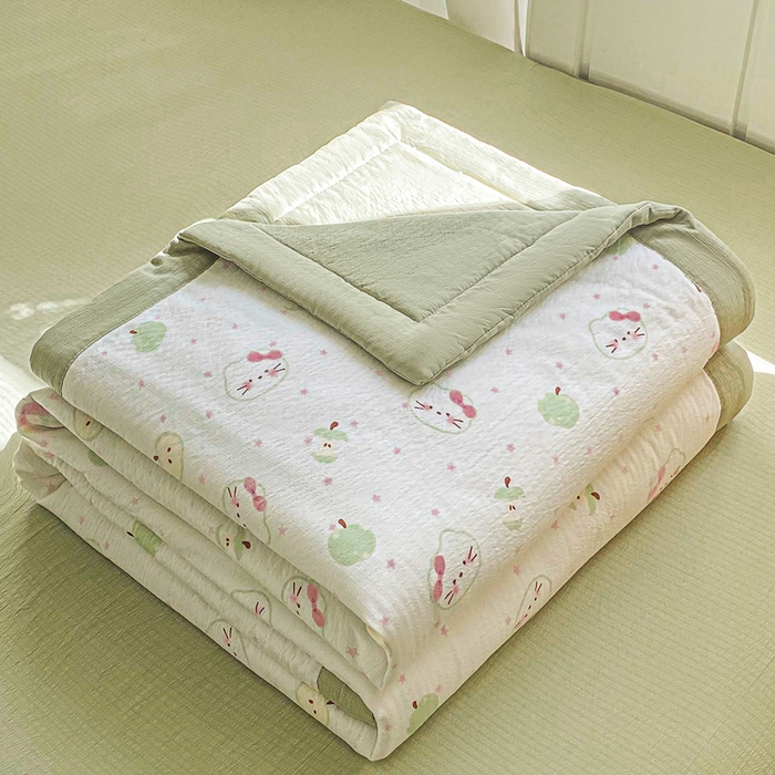 91家纺网 家纺一手货源 找家纺 爱屋及屋 2026春夏新款小清新双层纱宽包边棉花夏被夏凉被空调被 苹果猫