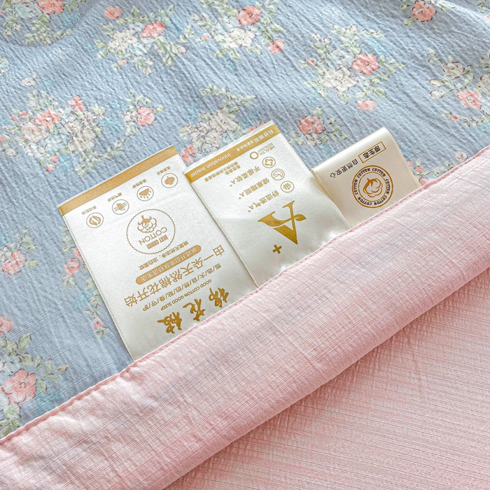 91家纺网 家纺一手货源 找家纺 爱屋及屋 2026春夏新款小清新双层纱宽包边棉花夏被夏凉被空调被 繁花-蓝