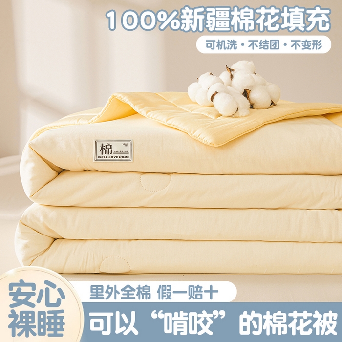 91家纺网 家纺一手货源 找家纺 晓时候 2026新款纯色100%里外全棉新疆棉花被纯棉夏凉被空调被夏被四件套被子被芯 里外全棉-月光白拼黄
