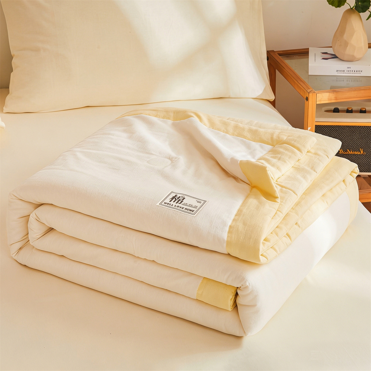 91家纺网 家纺一手货源 找家纺 晓时候 2026新款纯色100%里外全棉新疆棉花被纯棉夏凉被空调被夏被四件套被子被芯 里外全棉-月光白拼黄