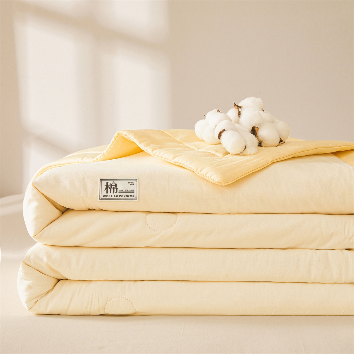 91家纺网 家纺一手货源 找家纺 晓时候 2026新款纯色100%里外全棉新疆棉花被纯棉夏凉被空调被夏被四件套被子被芯 里外全棉-月光白拼黄