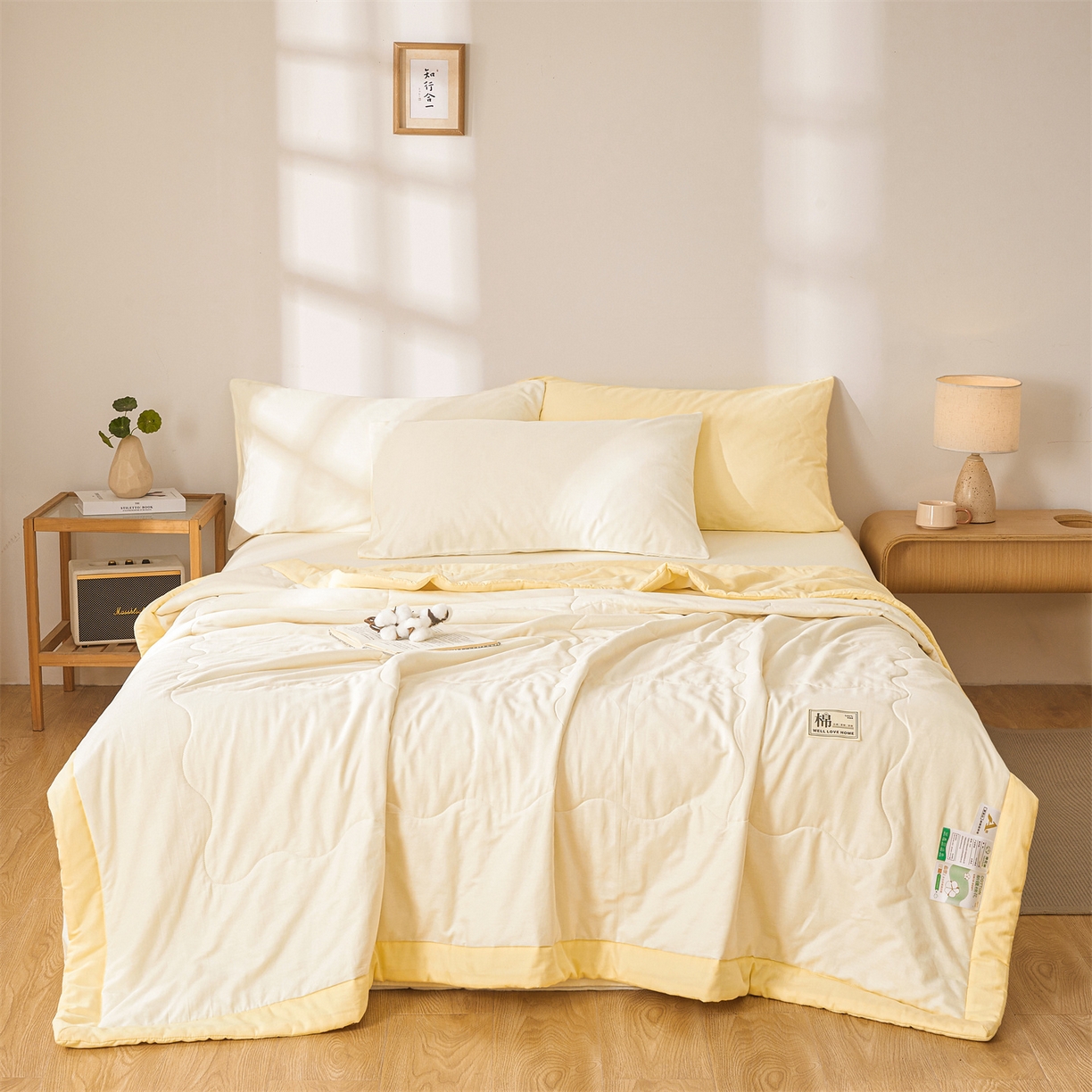91家纺网 家纺一手货源 找家纺 晓时候 2026新款纯色100%里外全棉新疆棉花被纯棉夏凉被空调被夏被四件套被子被芯 里外全棉-月光白拼黄