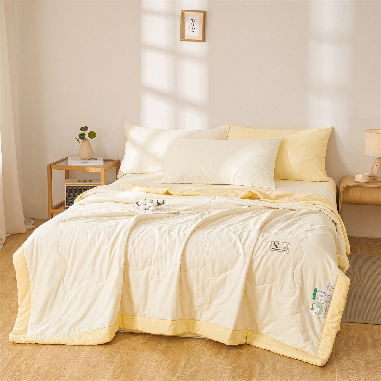 91家纺网 家纺一手货源 找家纺 晓时候 2026新款纯色100%里外全棉新疆棉花被纯棉夏凉被空调被夏被四件套被子被芯 里外全棉-月光白拼黄