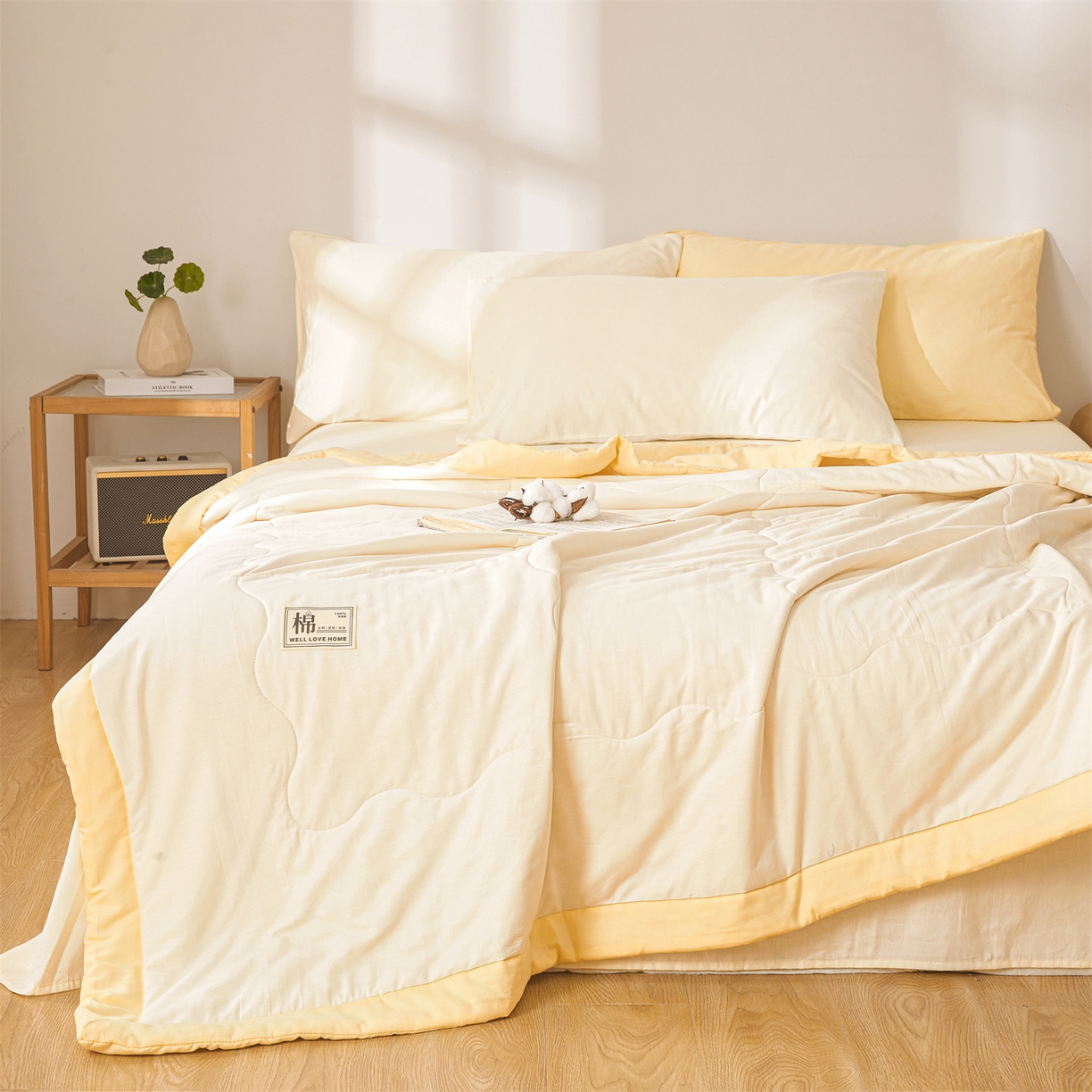 91家纺网 家纺一手货源 找家纺 晓时候 2026新款纯色100%里外全棉新疆棉花被纯棉夏凉被空调被夏被四件套被子被芯 里外全棉-月光白拼黄