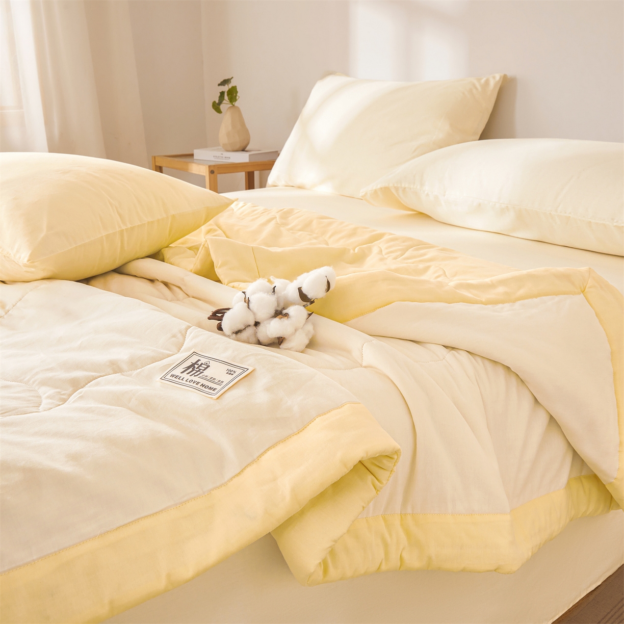 91家纺网 家纺一手货源 找家纺 晓时候 2026新款纯色100%里外全棉新疆棉花被纯棉夏凉被空调被夏被四件套被子被芯 里外全棉-月光白拼黄