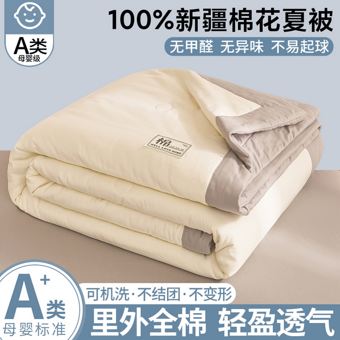 晓时候 2026新款纯色100%里外全棉新疆棉花被纯棉夏凉被空调被夏被四件套被子被芯 里外全棉-月光白拼灰