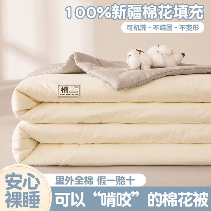 91家纺网 家纺一手货源 找家纺 晓时候 2026新款纯色100%里外全棉新疆棉花被纯棉夏凉被空调被夏被四件套被子被芯 里外全棉-月光白拼灰