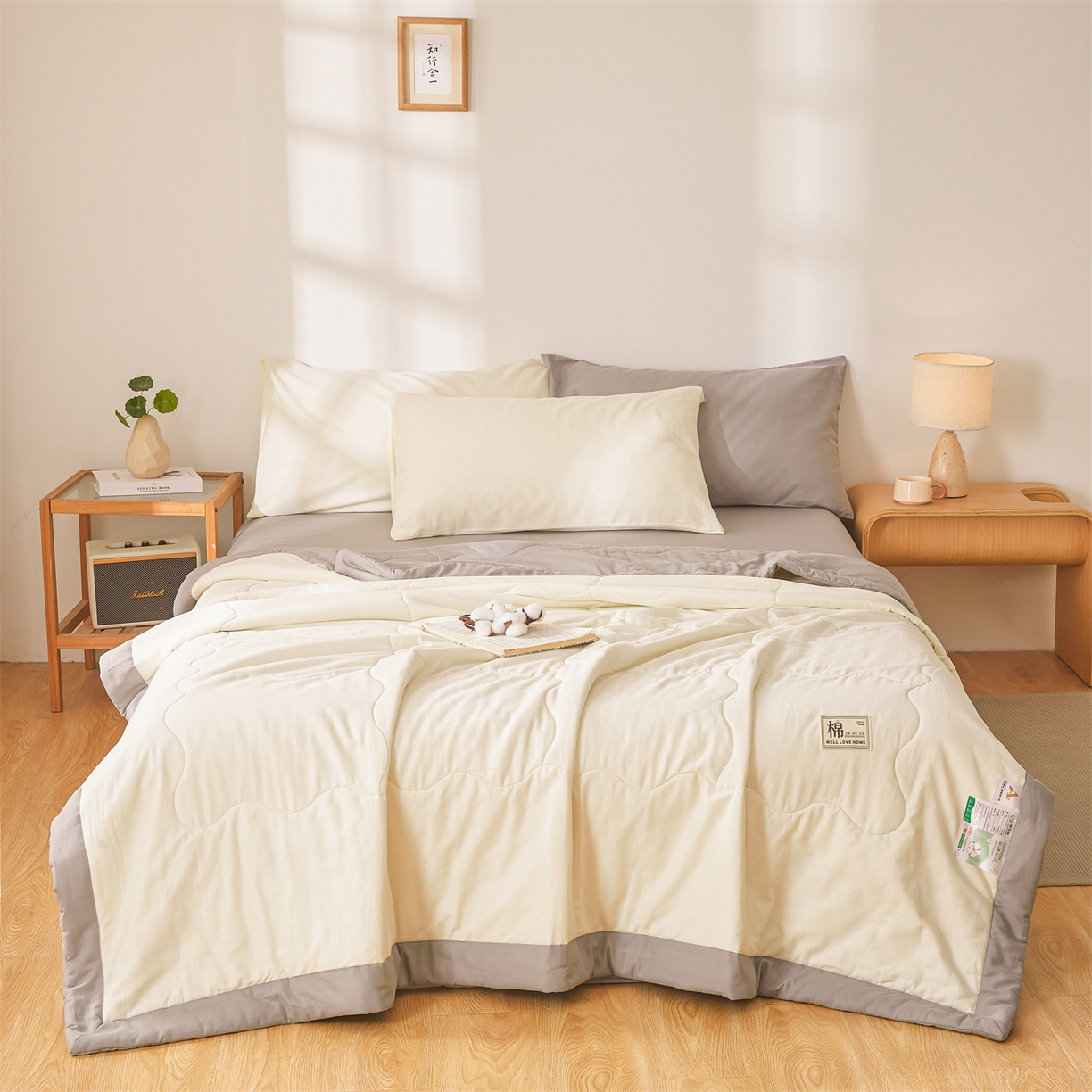 91家纺网 家纺一手货源 找家纺 晓时候 2026新款纯色100%里外全棉新疆棉花被纯棉夏凉被空调被夏被四件套被子被芯 里外全棉-月光白拼灰