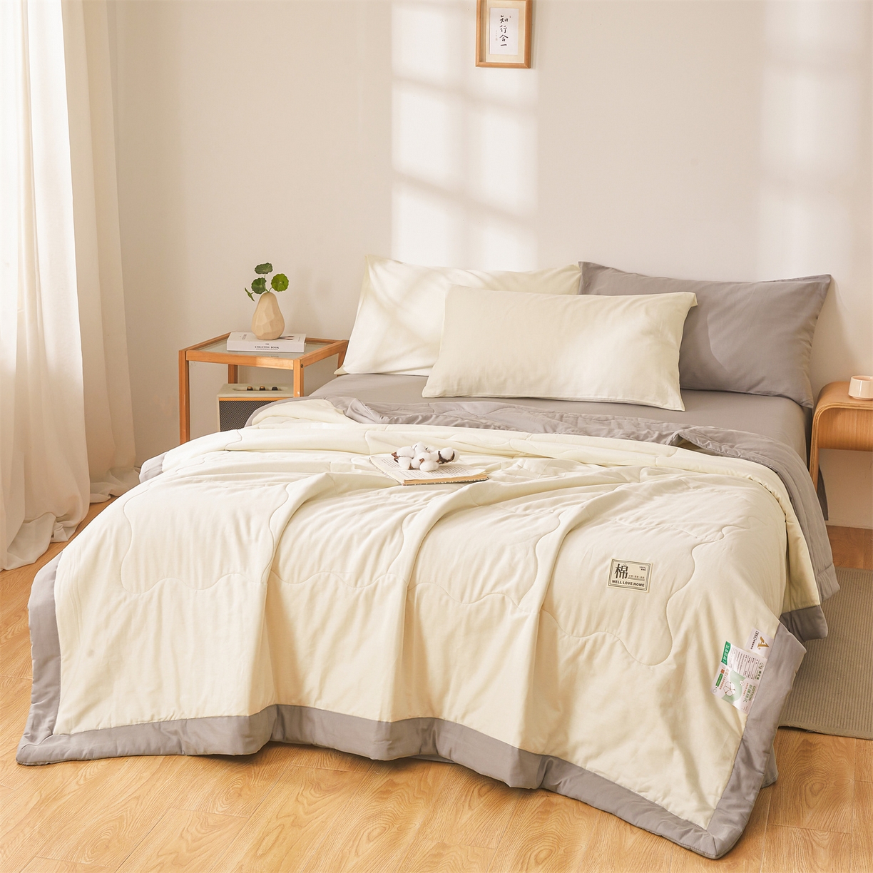 91家纺网 家纺一手货源 找家纺 晓时候 2026新款纯色100%里外全棉新疆棉花被纯棉夏凉被空调被夏被四件套被子被芯 里外全棉-月光白拼灰