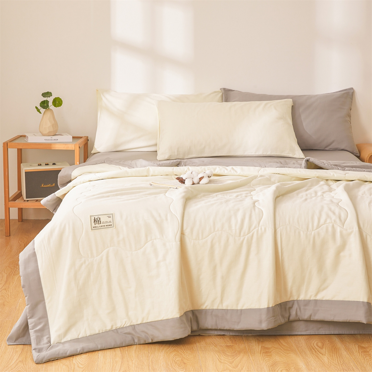 91家纺网 家纺一手货源 找家纺 晓时候 2026新款纯色100%里外全棉新疆棉花被纯棉夏凉被空调被夏被四件套被子被芯 里外全棉-月光白拼灰