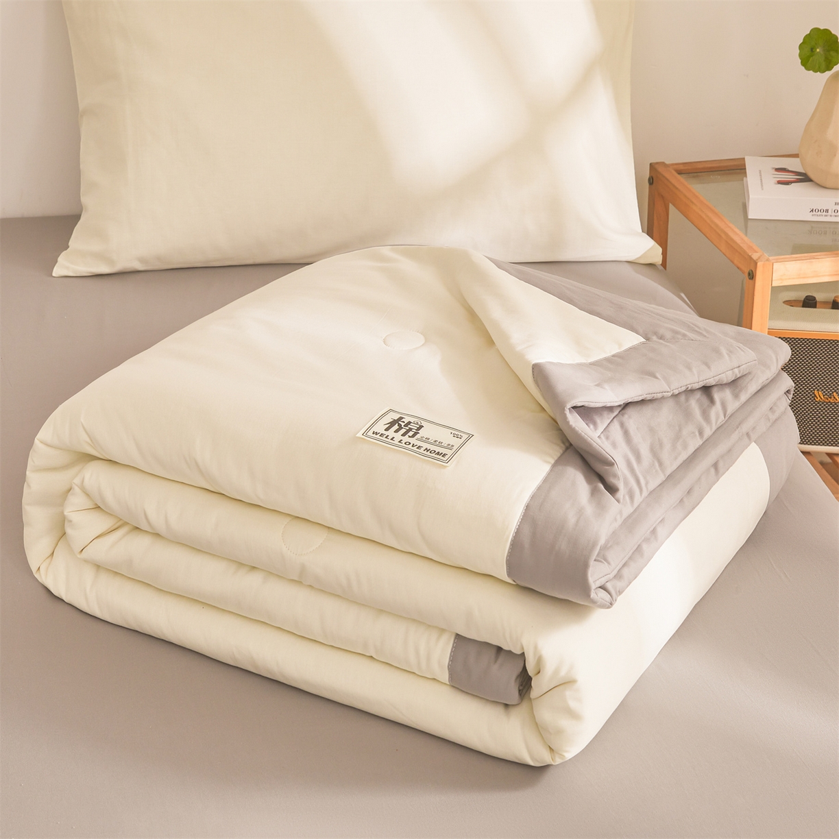 91家纺网 家纺一手货源 找家纺 晓时候 2026新款纯色100%里外全棉新疆棉花被纯棉夏凉被空调被夏被四件套被子被芯 里外全棉-月光白拼灰