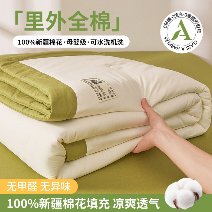 91家纺网 家纺一手货源 找家纺 晓时候 2026新款纯色100%里外全棉新疆棉花被纯棉夏凉被空调被夏被四件套被子被芯 里外全棉-月光白拼绿
