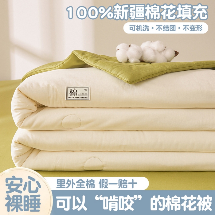 91家纺网 家纺一手货源 找家纺 晓时候 2026新款纯色100%里外全棉新疆棉花被纯棉夏凉被空调被夏被四件套被子被芯 里外全棉-月光白拼绿