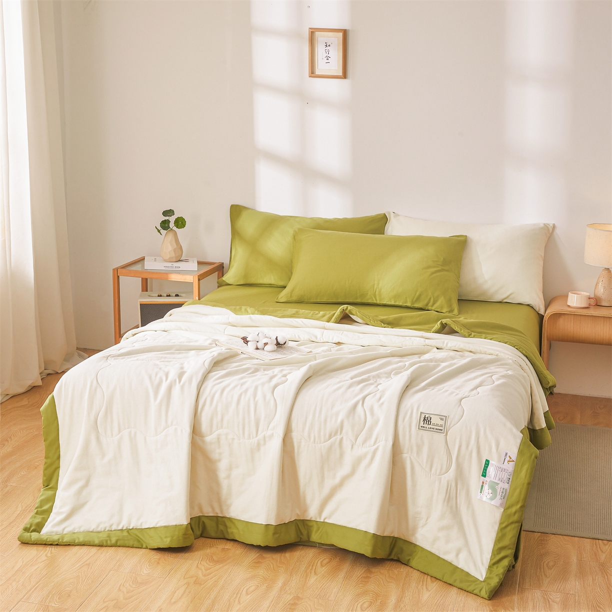 91家纺网 家纺一手货源 找家纺 晓时候 2026新款纯色100%里外全棉新疆棉花被纯棉夏凉被空调被夏被四件套被子被芯 里外全棉-月光白拼绿