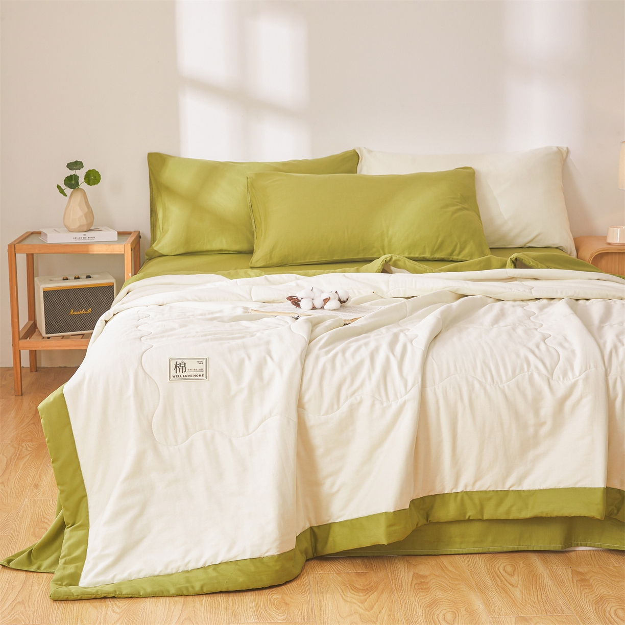 91家纺网 家纺一手货源 找家纺 晓时候 2026新款纯色100%里外全棉新疆棉花被纯棉夏凉被空调被夏被四件套被子被芯 里外全棉-月光白拼绿