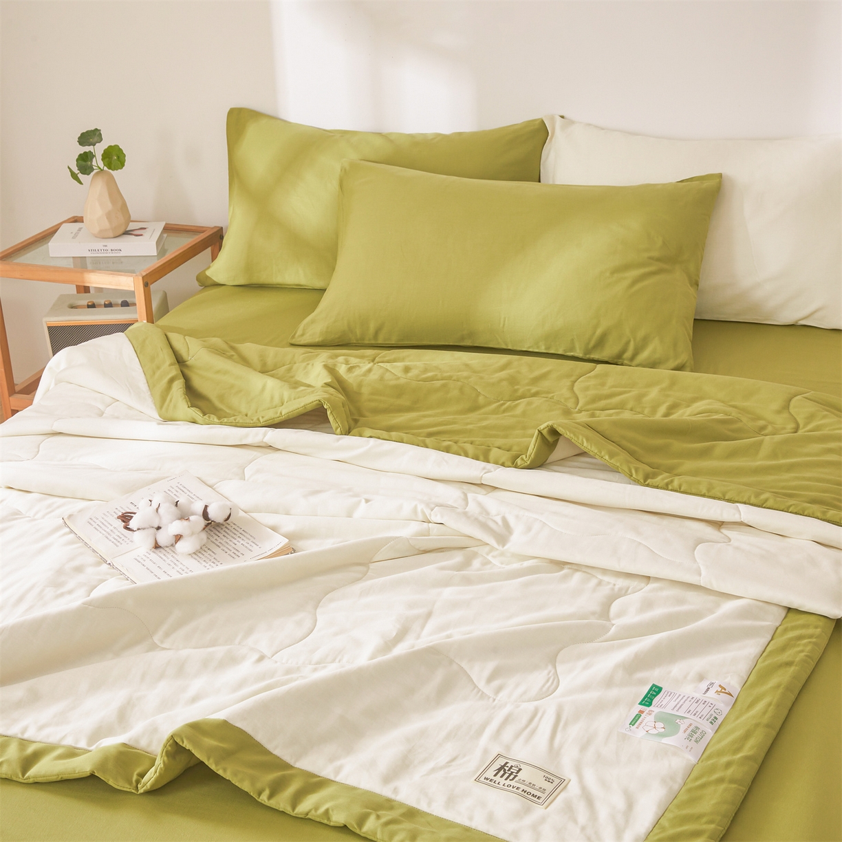 91家纺网 家纺一手货源 找家纺 晓时候 2026新款纯色100%里外全棉新疆棉花被纯棉夏凉被空调被夏被四件套被子被芯 里外全棉-月光白拼绿