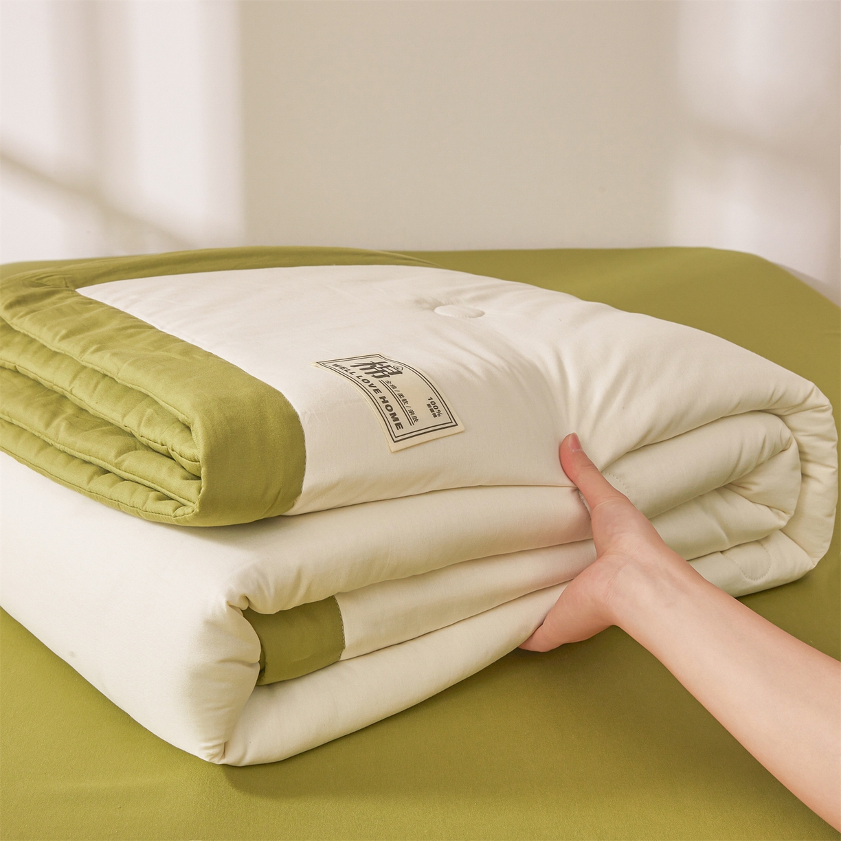 91家纺网 家纺一手货源 找家纺 晓时候 2026新款纯色100%里外全棉新疆棉花被纯棉夏凉被空调被夏被四件套被子被芯 里外全棉-月光白拼绿