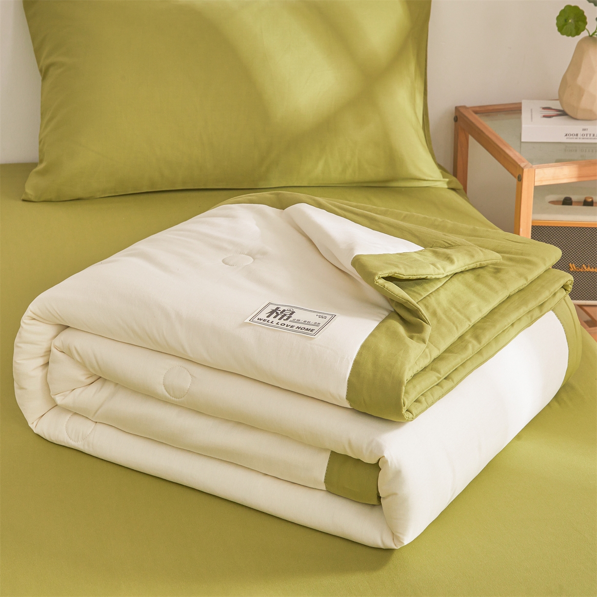 91家纺网 家纺一手货源 找家纺 晓时候 2026新款纯色100%里外全棉新疆棉花被纯棉夏凉被空调被夏被四件套被子被芯 里外全棉-月光白拼绿