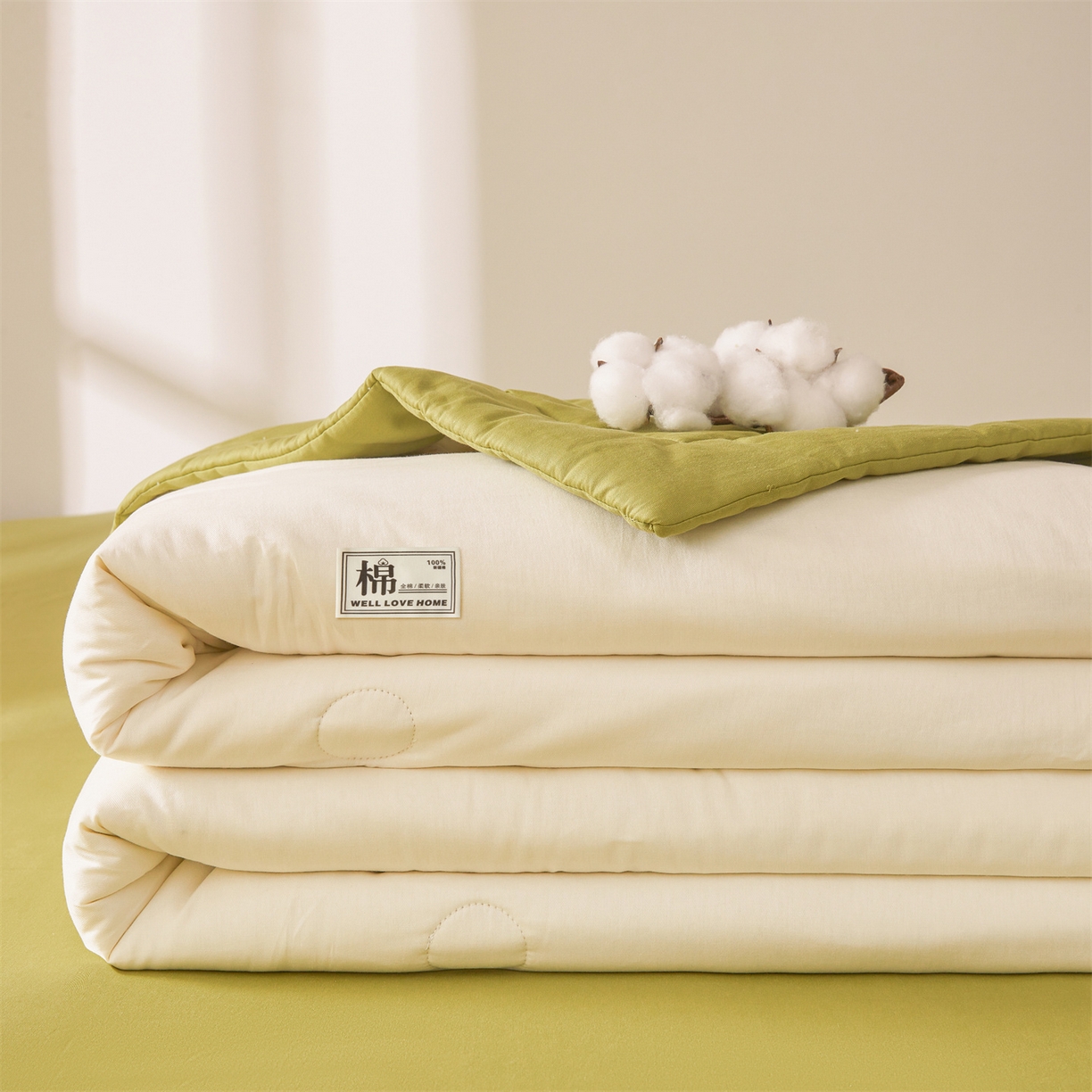 91家纺网 家纺一手货源 找家纺 晓时候 2026新款纯色100%里外全棉新疆棉花被纯棉夏凉被空调被夏被四件套被子被芯 里外全棉-月光白拼绿