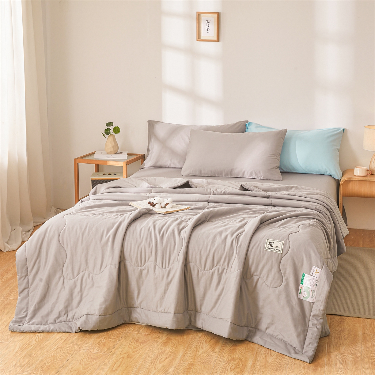 91家纺网 家纺一手货源 找家纺 晓时候 2026新款纯色100%里外全棉新疆棉花被纯棉夏凉被空调被夏被四件套被子被芯 里外全棉-月光灰