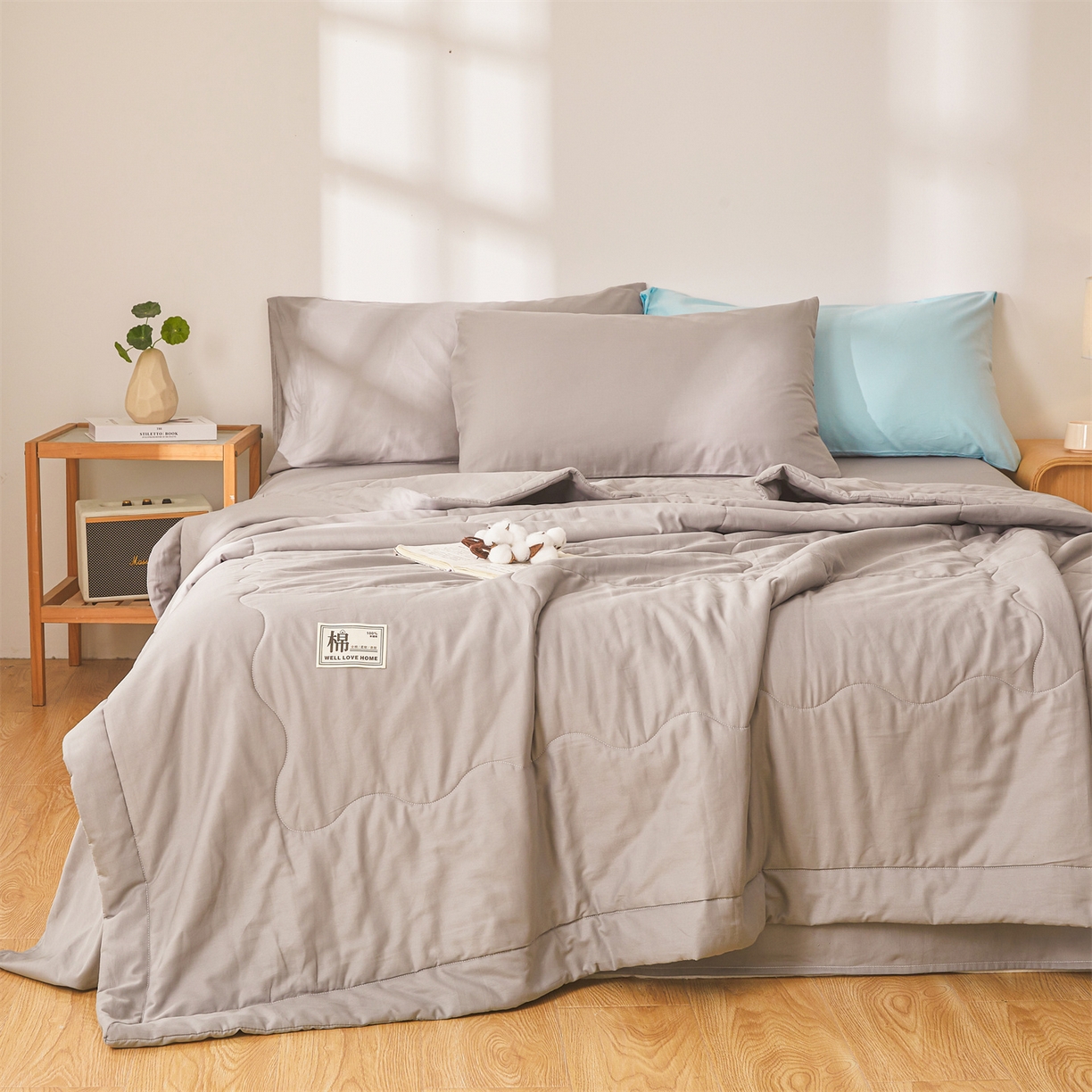 91家纺网 家纺一手货源 找家纺 晓时候 2026新款纯色100%里外全棉新疆棉花被纯棉夏凉被空调被夏被四件套被子被芯 里外全棉-月光灰