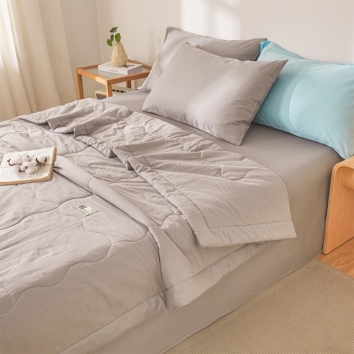 91家纺网 家纺一手货源 找家纺 晓时候 2026新款纯色100%里外全棉新疆棉花被纯棉夏凉被空调被夏被四件套被子被芯 里外全棉-月光灰