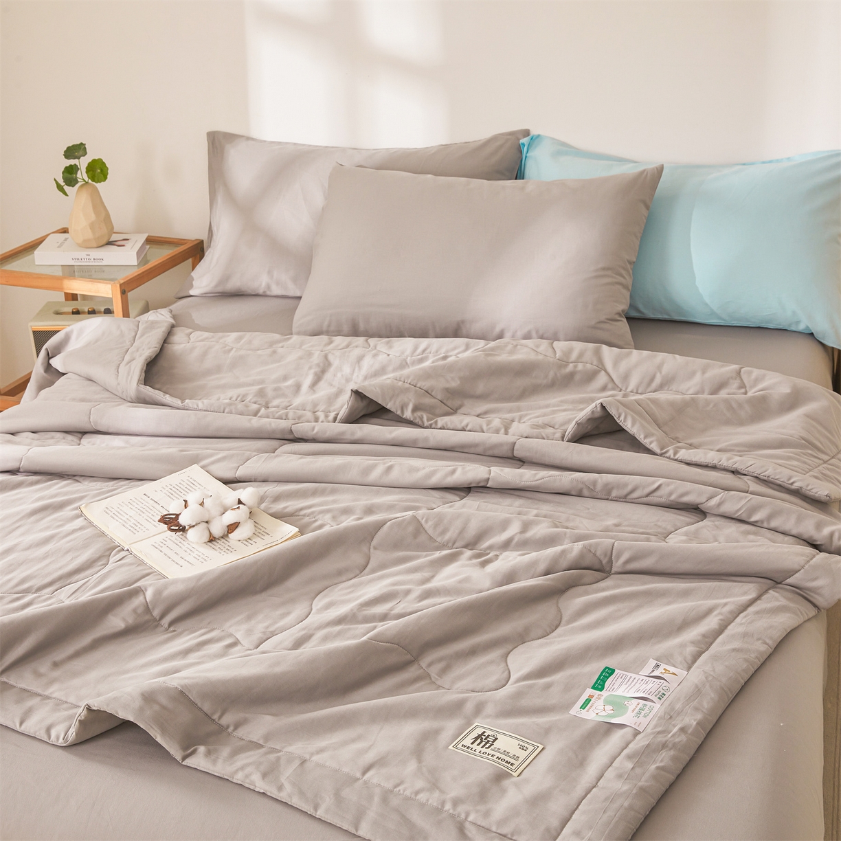 91家纺网 家纺一手货源 找家纺 晓时候 2026新款纯色100%里外全棉新疆棉花被纯棉夏凉被空调被夏被四件套被子被芯 里外全棉-月光灰