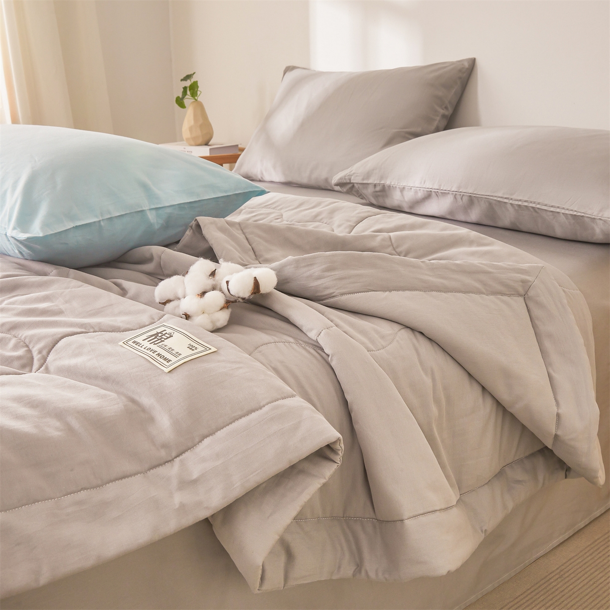 91家纺网 家纺一手货源 找家纺 晓时候 2026新款纯色100%里外全棉新疆棉花被纯棉夏凉被空调被夏被四件套被子被芯 里外全棉-月光灰