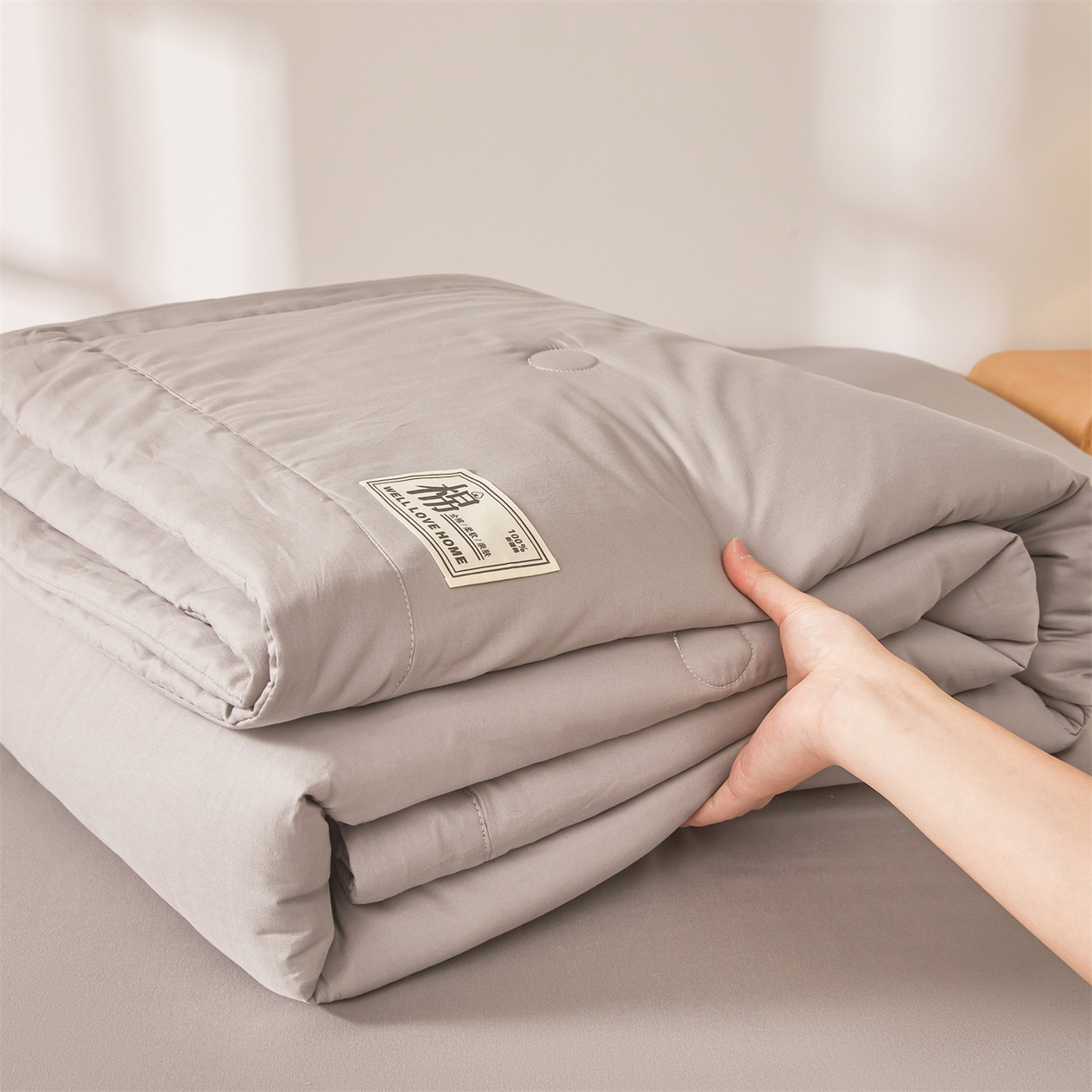 91家纺网 家纺一手货源 找家纺 晓时候 2026新款纯色100%里外全棉新疆棉花被纯棉夏凉被空调被夏被四件套被子被芯 里外全棉-月光灰