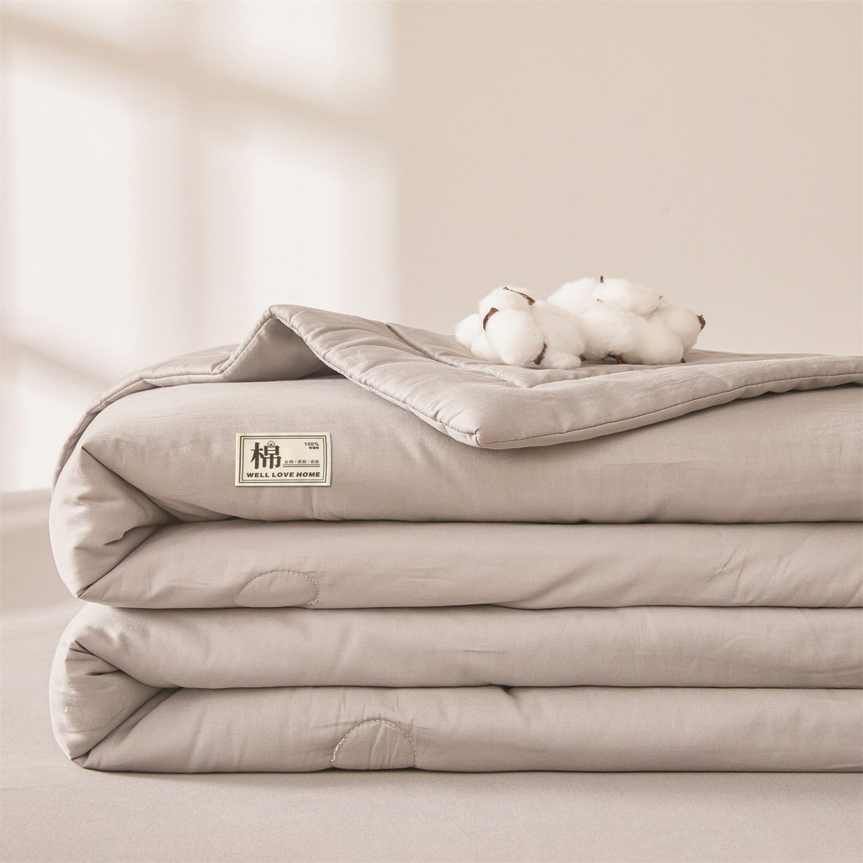 91家纺网 家纺一手货源 找家纺 晓时候 2026新款纯色100%里外全棉新疆棉花被纯棉夏凉被空调被夏被四件套被子被芯 里外全棉-月光灰