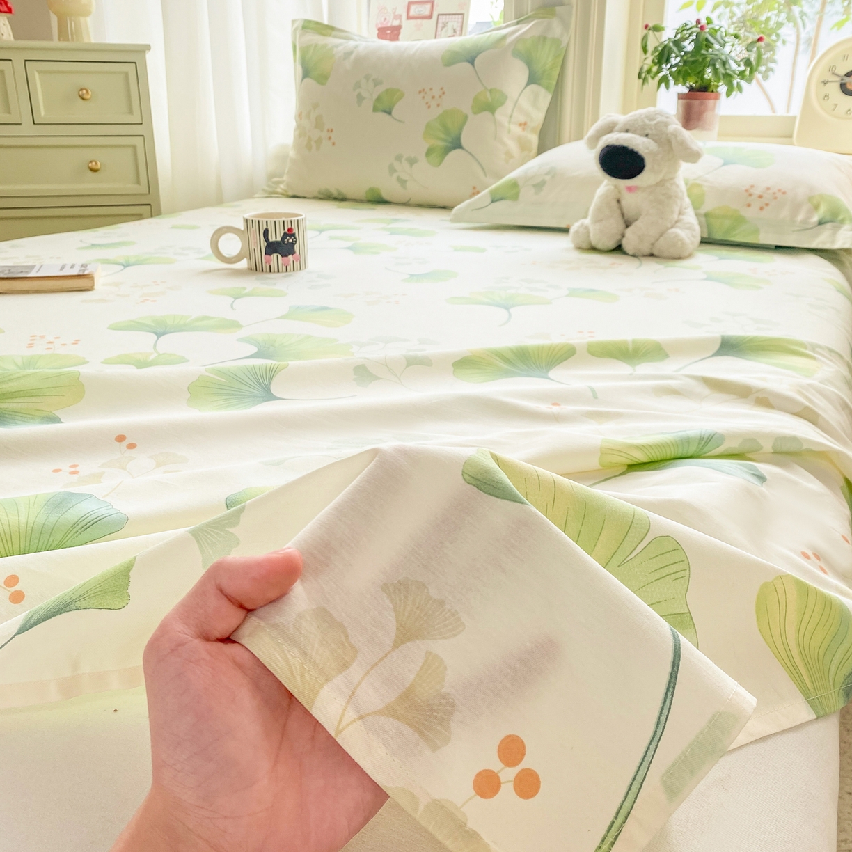 91家纺网 家纺一手货源 找家纺 女子家纺 2026新款全棉纯棉印花花卉款床单单品床单单件 青绿银杏