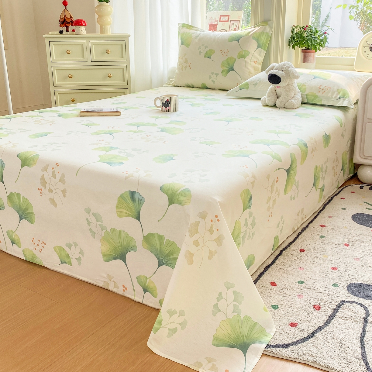 91家纺网 家纺一手货源 找家纺 女子家纺 2026新款全棉纯棉印花花卉款床单单品床单单件 青绿银杏