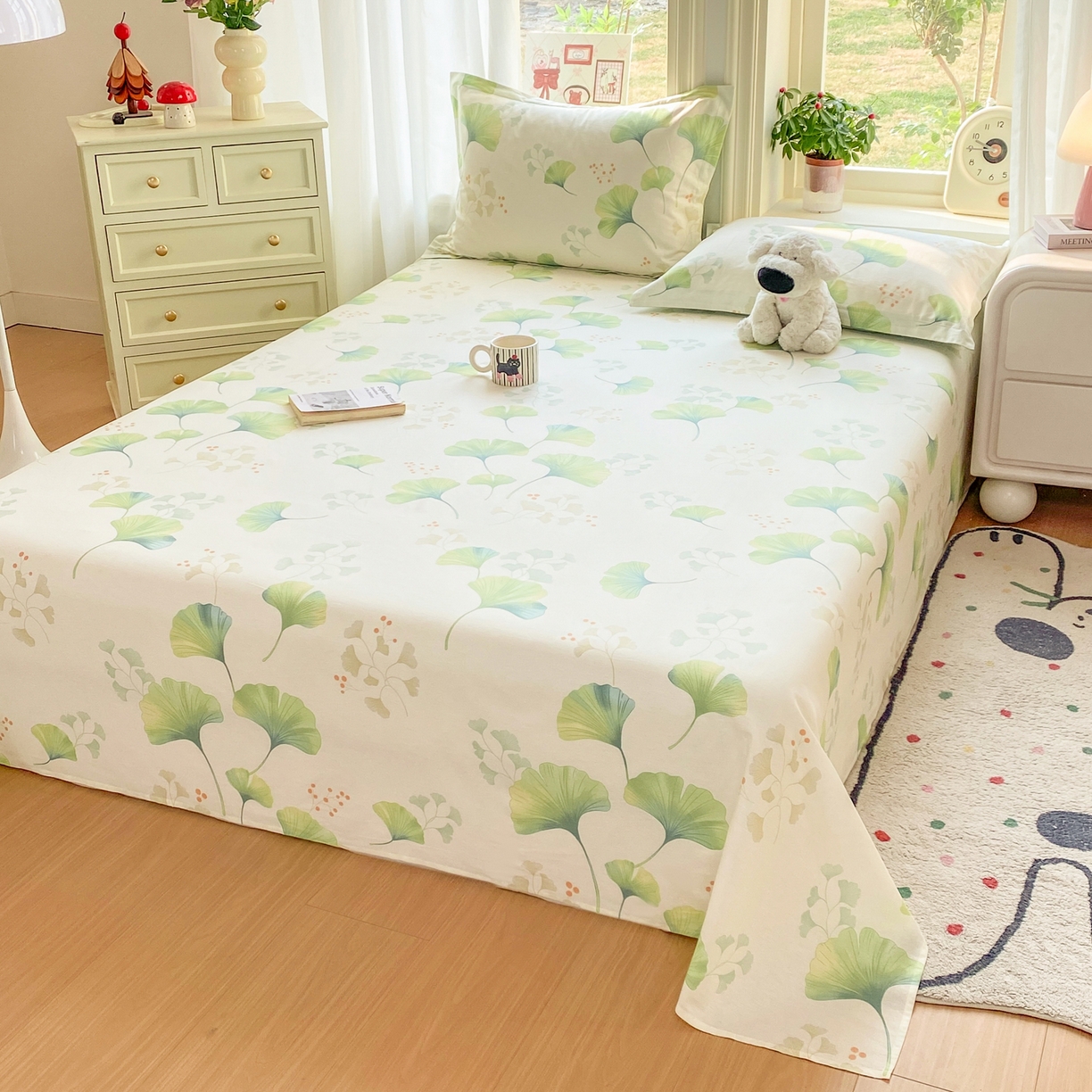 91家纺网 家纺一手货源 找家纺 女子家纺 2026新款全棉纯棉印花花卉款床单单品床单单件 青绿银杏