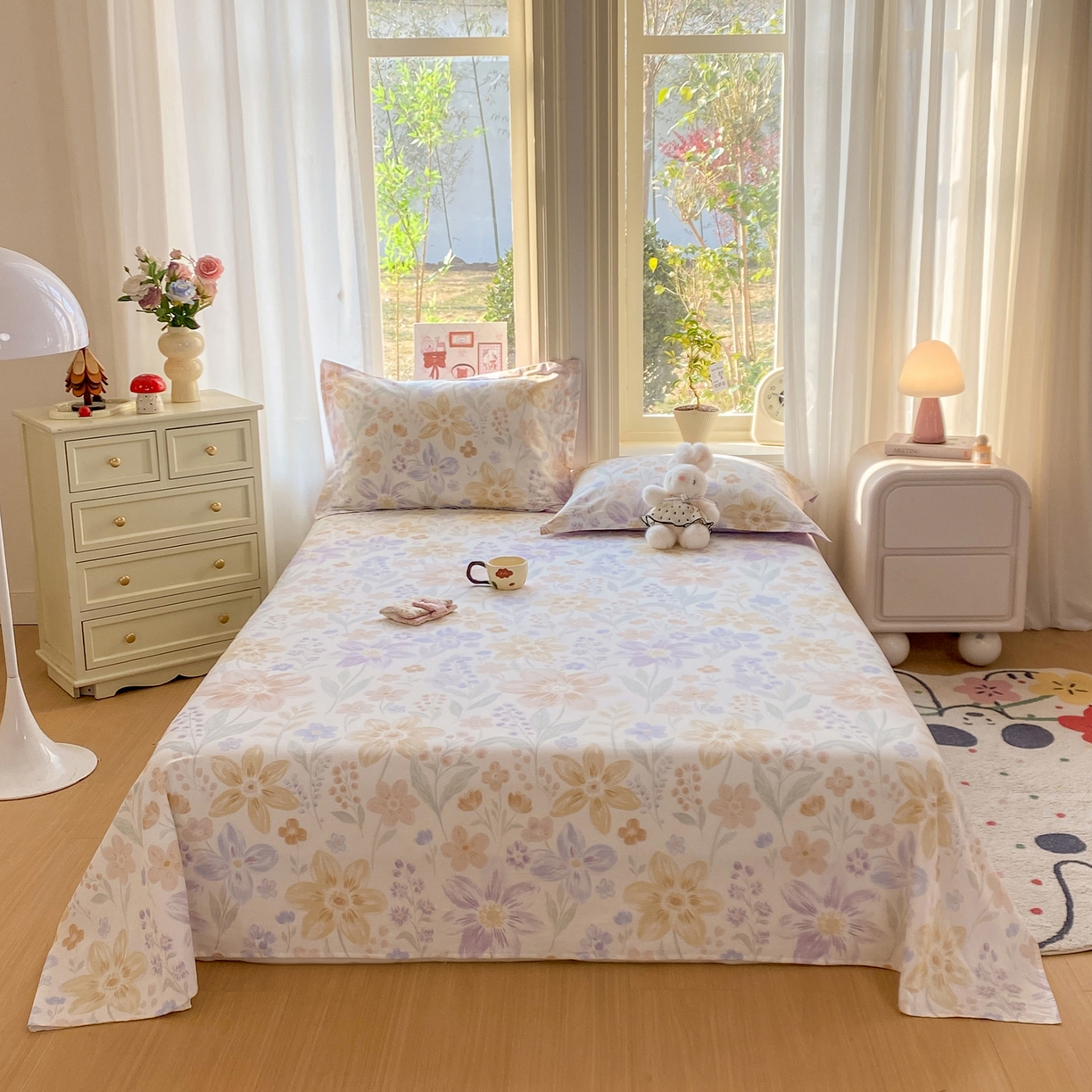 91家纺网 家纺一手货源 找家纺 女子家纺 2026新款全棉纯棉印花花卉款床单单品床单单件 柔色花笺