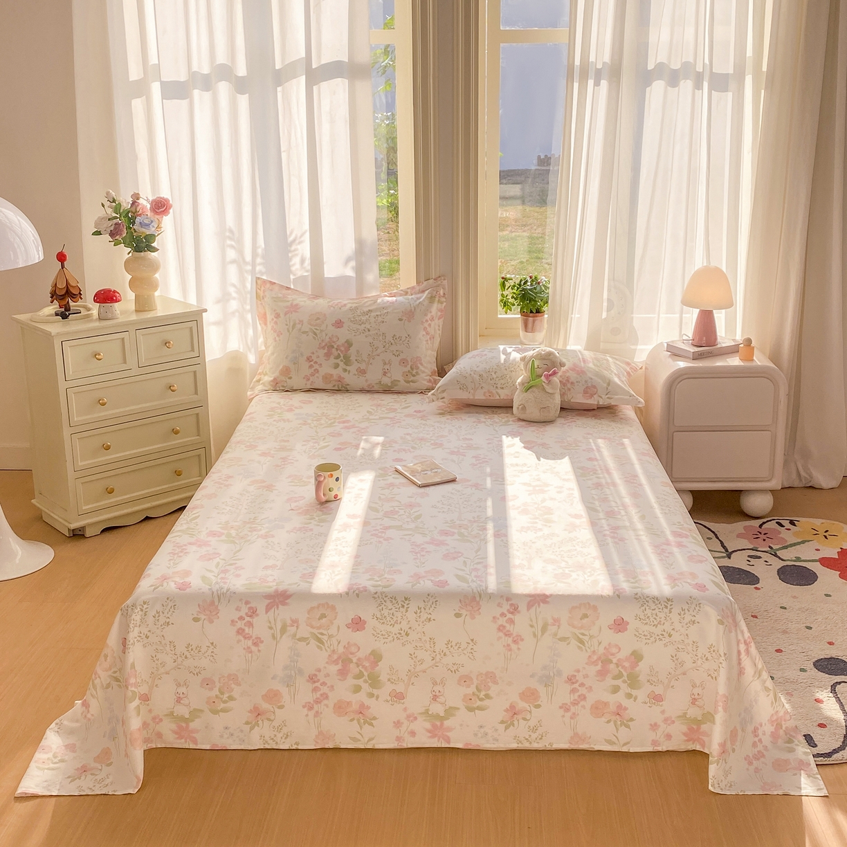 91家纺网 家纺一手货源 找家纺 女子家纺 2026新款全棉纯棉印花花卉款床单单品床单单件 花仙兔兔