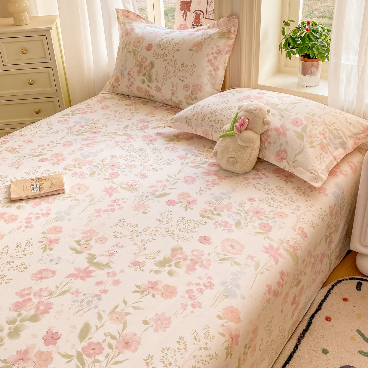 91家纺网 家纺一手货源 找家纺 女子家纺 2026新款全棉纯棉印花花卉款床单单品床单单件 花仙兔兔